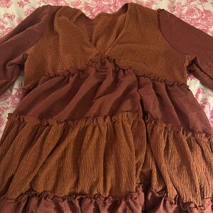 Rust Brown Tiered Long Sleeve Dress